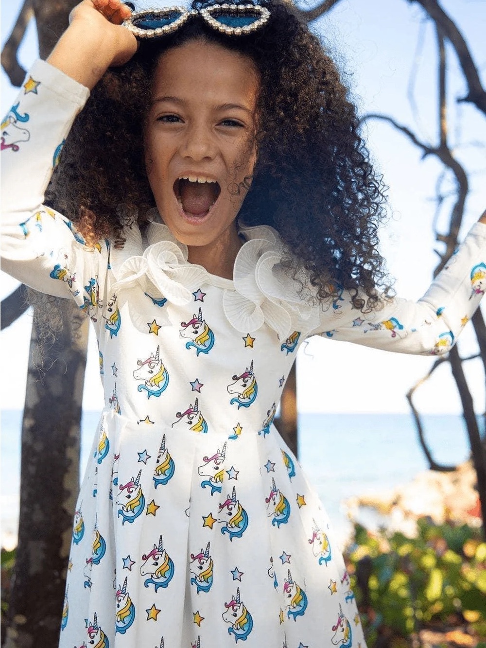 Lola + The Boys White Unicorn Print Dress with Ruffle Collar